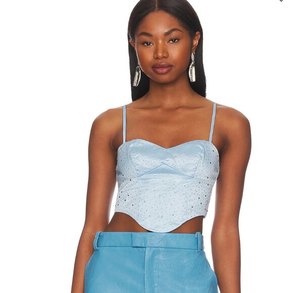 Superdown Janet Corset Top Light Blue small Tank Cami Satin Crystal Bustier Zip - Picture 2 of 3